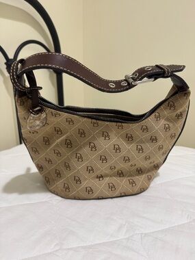 Dooney & Bourke Tan Quilted Logo Shoulder Bag with Brown Trim